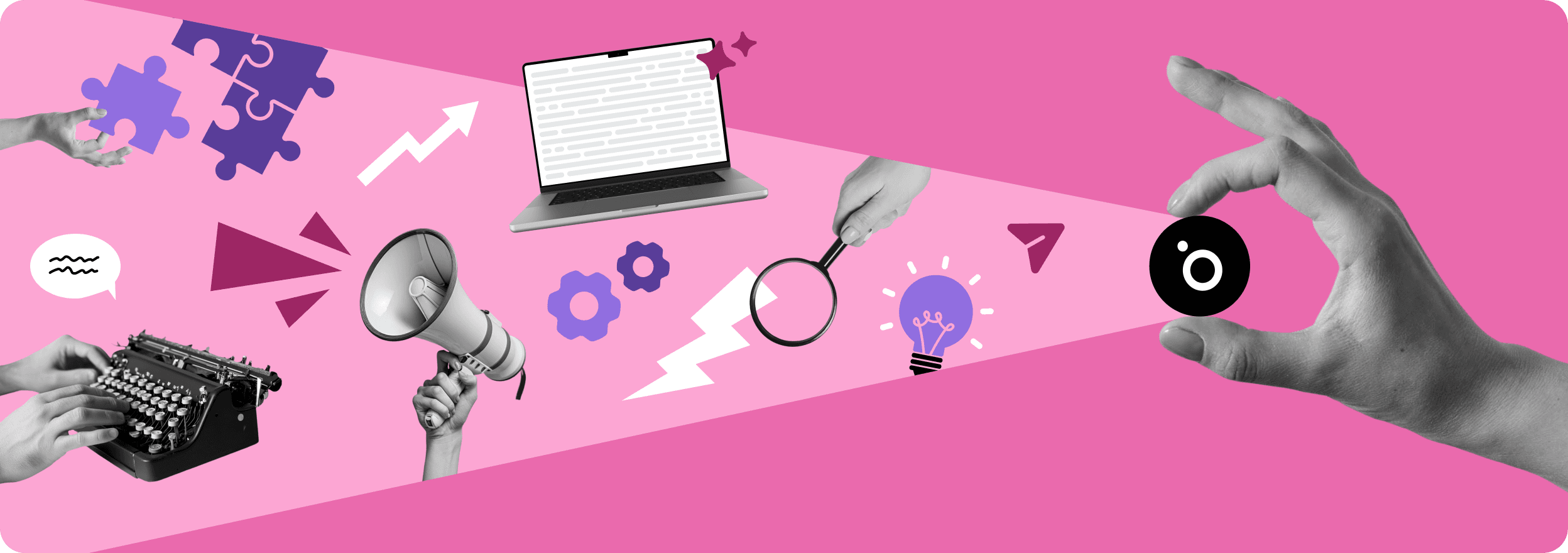 Collage of creative and marketing tools on a pink background